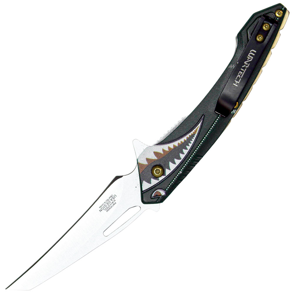 Assisted Open Folding Pocket Knife Green with Flying Shark Design view 2